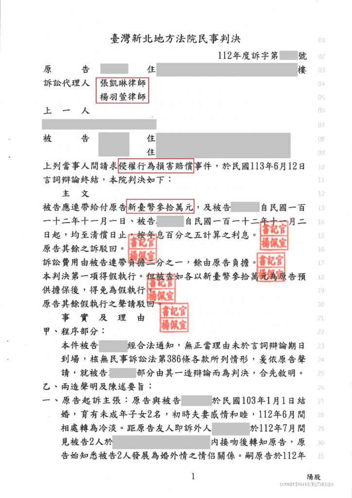 民事案件｜成功案例-外遇還不承認?先生提告侵害配偶權成功判賠30萬｜樂羽國際法律事務所_20240926