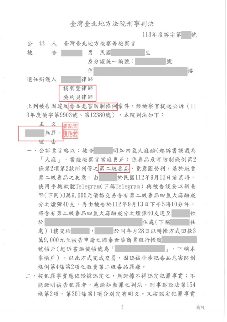 刑事案件｜被起訴販賣第二級毒品,獲無罪判決｜樂羽國際法律事務所_20250122