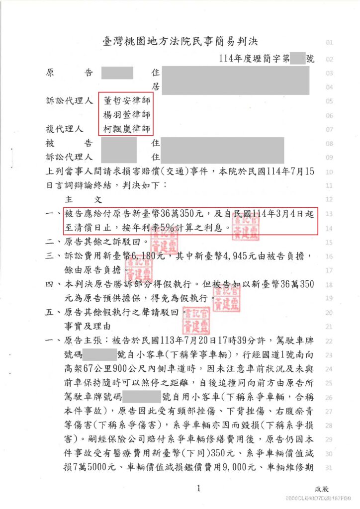 民事案件｜對方未保持車距導致追撞 車價減損及租金全額勝訴｜樂羽國際法律事務所_20250808