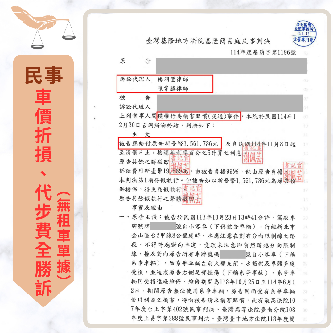樂羽律師助賓士車主求償 60 萬車價減損,同級代步車費勝訴91萬 民事案件|樂羽律師助賓士車主求償 60 萬車價減損,同級代步車費勝訴91萬|樂羽國際法律事務所_20251119