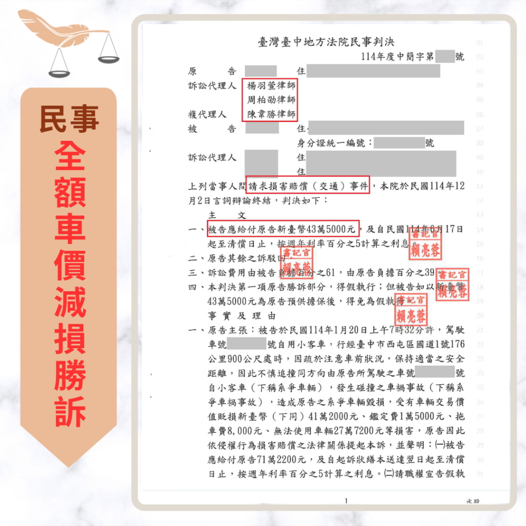 民事案件|將近一年新車國道被追尾 成功爭取全額車價減損41萬|樂羽國際法律事務所_20260126
