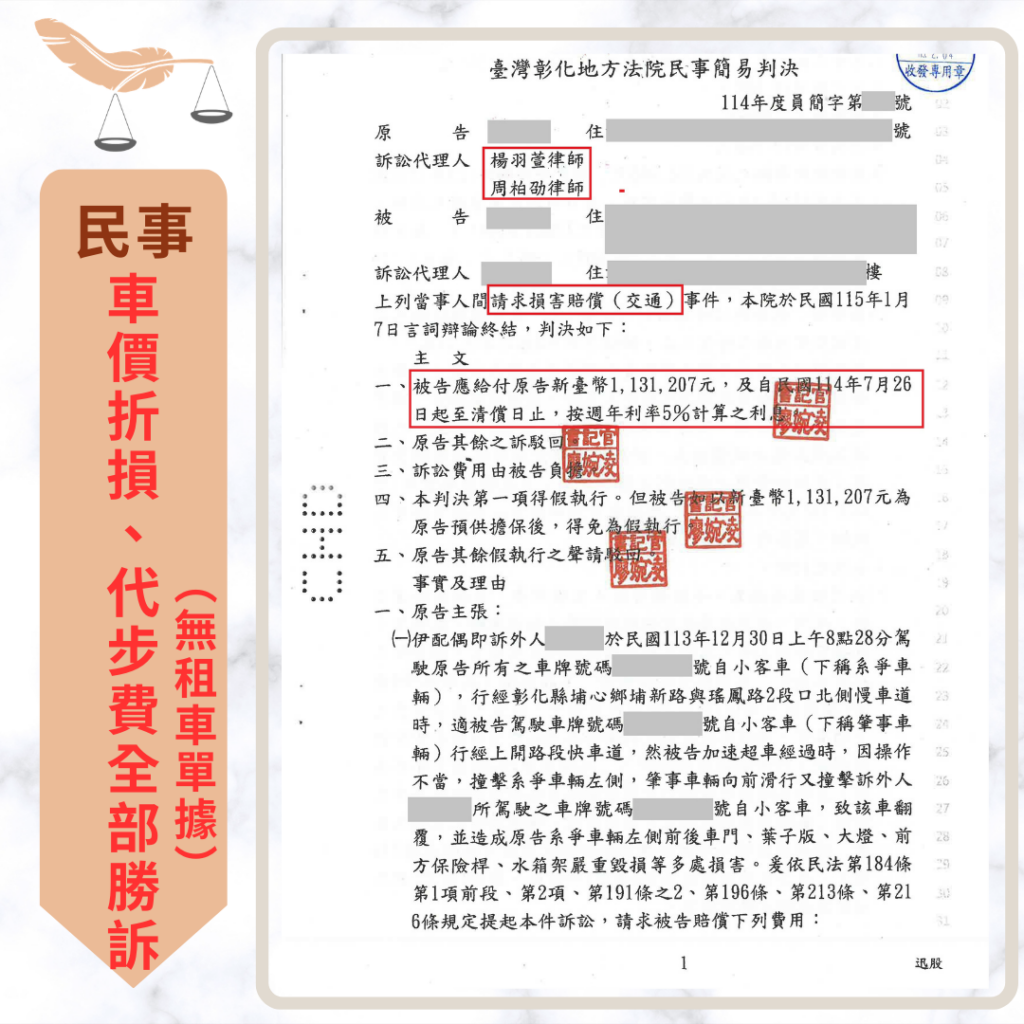 【成功案例分享】特斯拉遭不當超車慘撞 成功求償價值減損及代步費等113萬 民事案件|特斯拉遭不當超車慘撞 成功求償價值減損及代步費等113萬|樂羽國際法律事務所_20260225