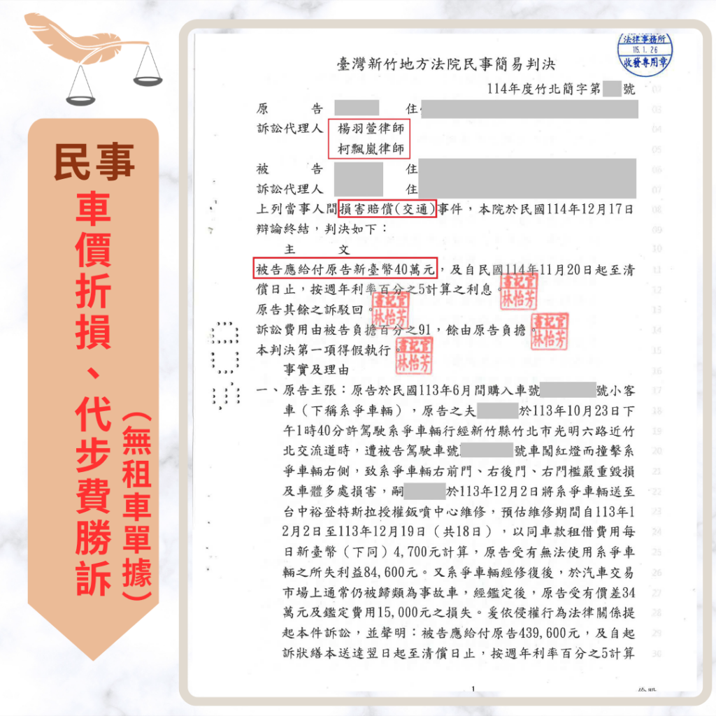 【成功案例分享】特斯拉遭闖紅燈撞擊損害慘重 成功求償共40萬 民事案件|特斯拉遭闖紅燈撞擊損害慘重 成功求償價值減損與代步費共40萬|樂羽國際法律事務所_20260224