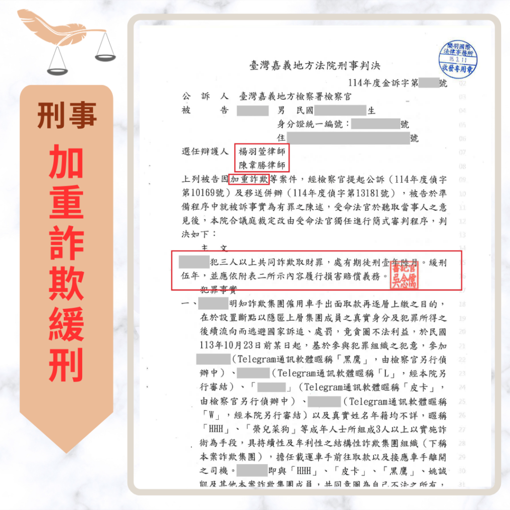 【成功案例分享】載運車手被起訴加重詐欺 成功爭取緩刑五年 刑事案件|載運車手被起訴加重詐欺 成功爭取緩刑五年|樂羽國際法律事務所_20260318