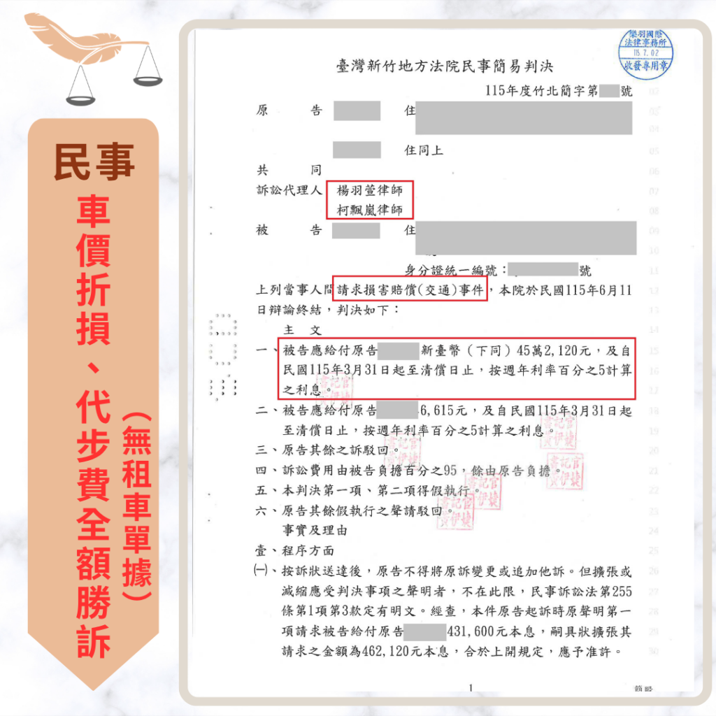 民事案件｜LEXUS新車遭貨車連環推撞 成功請求全額車價減損及代步費等共45萬餘元｜樂羽國際法律事務所_20260712
